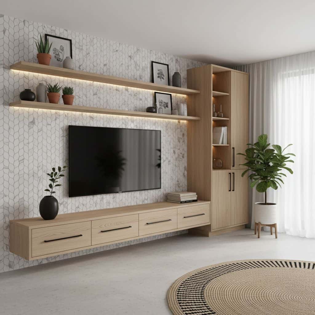 Modern living room with peel and stick tile backsplash and wall accents.