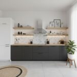Image of a modern kitchen with peel and stick tile backsplash and minimalist decor.