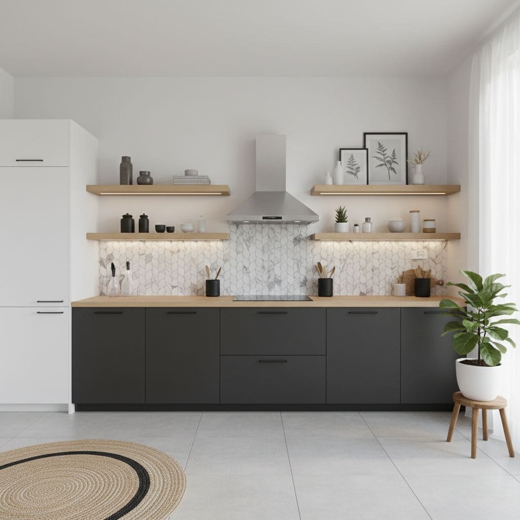 Image of a modern kitchen with peel and stick tile backsplash and minimalist decor.