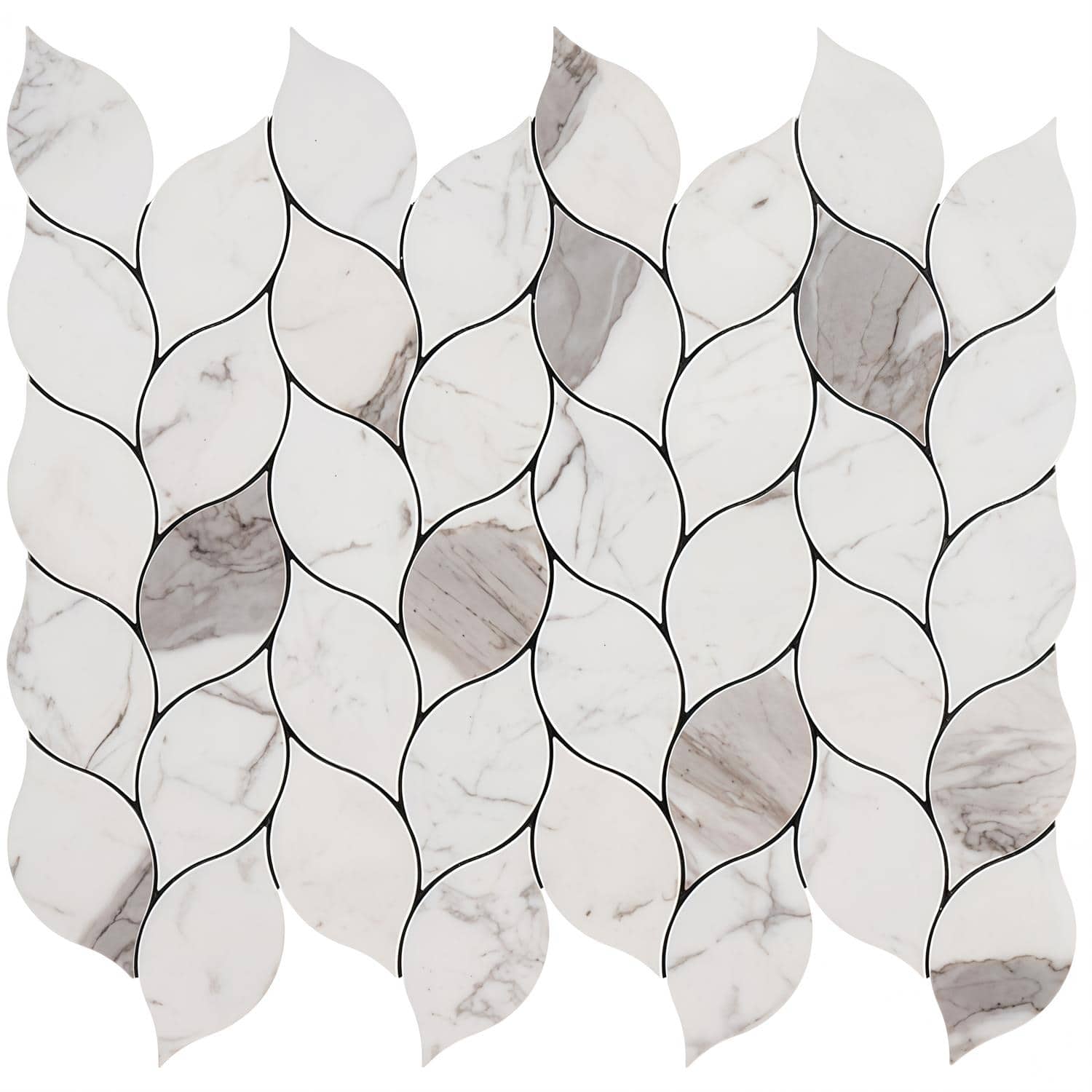 Decorative peel and stick tile with marble pattern and black grout lines.
