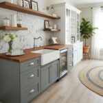 Modern kitchen with peel and stick tile backsplash, white cabinetry, and wooden accents. Bright, airy space with natural ligh.