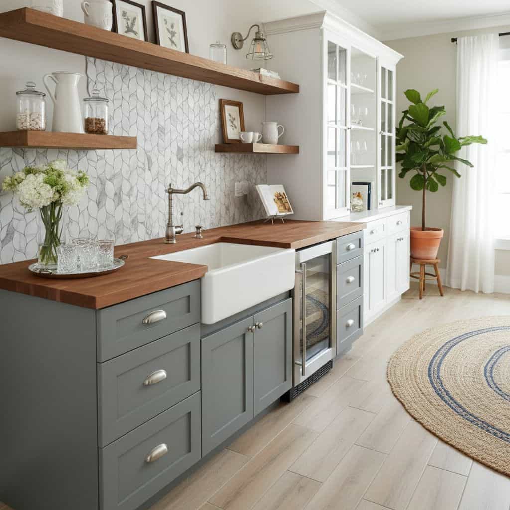 Modern kitchen with peel and stick tile backsplash, white cabinetry, and wooden accents. Bright, airy space with natural ligh.