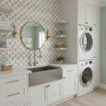 Bright white tile with gold scallop pattern, stainless steel sink, and white cabinetry.