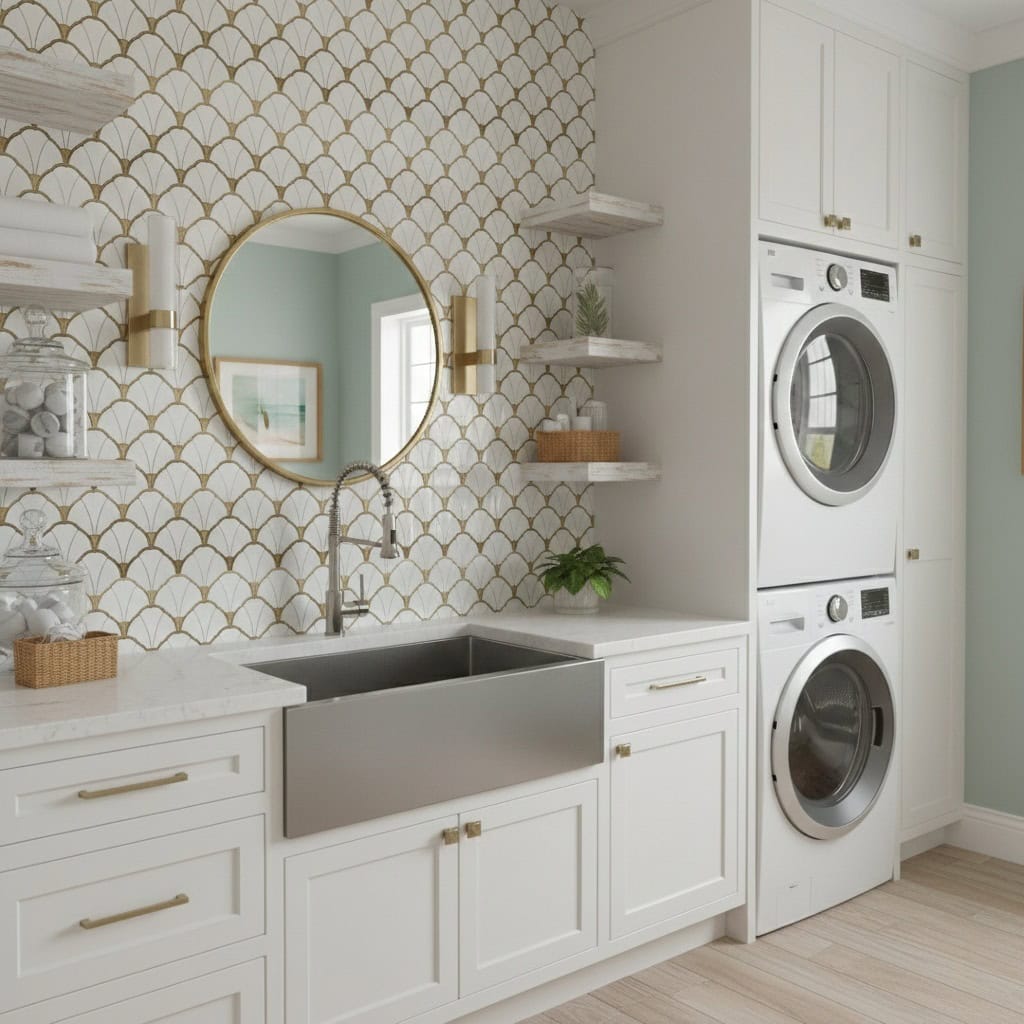 Bright white tile with gold scallop pattern, stainless steel sink, and white cabinetry.