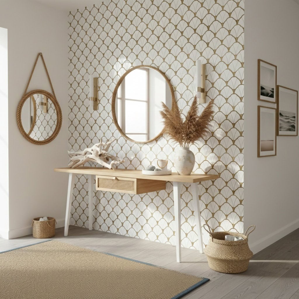 Bright, textured wall tile with a gold geometric pattern on a white background, adding elegance to the interior decor.