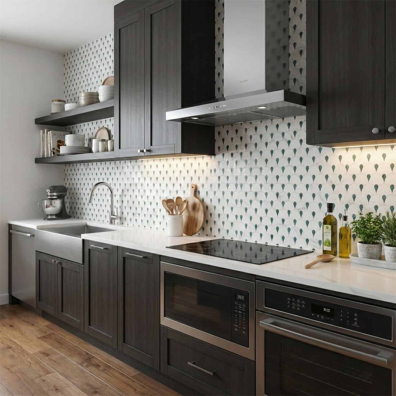 White and blue patterned ceramic tiles with a glossy finish, installed as a backsplash in a modern kitchen.