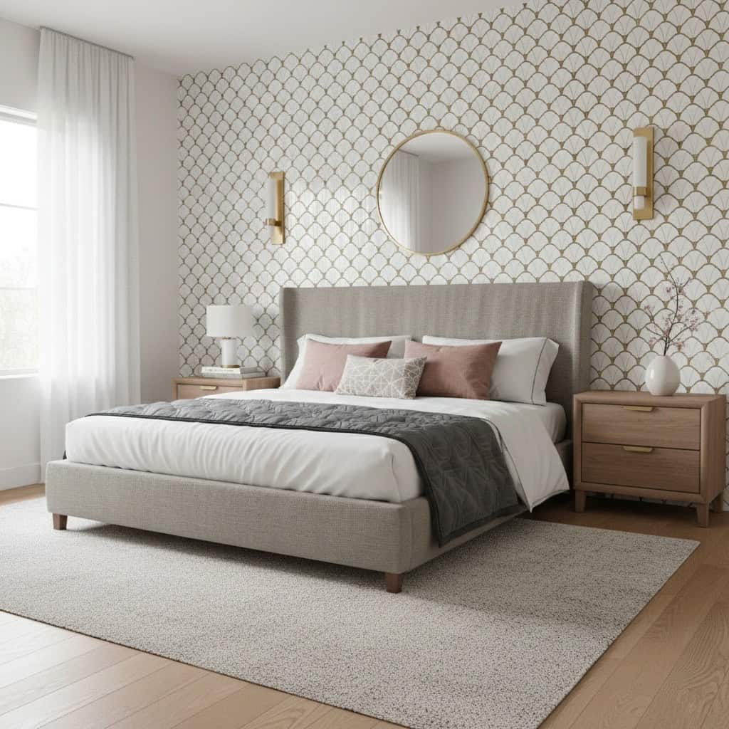 Bright bedroom featuring beige and white tones with textured wallpaper, soft bedding, and wooden furniture.