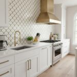 White and gold patterned tile backsplash with a textured, glossy finish.