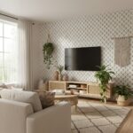 Bright white textured wall with geometric tile pattern.