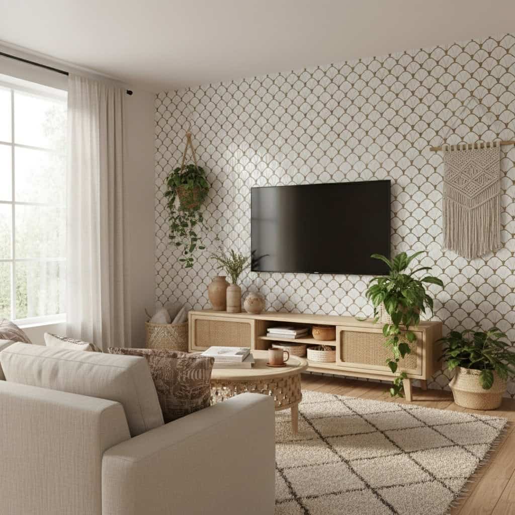 Bright white textured wall with geometric tile pattern.