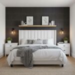 Black textured wall tile with a matte finish, creating a sleek and contemporary look in the bedroom.