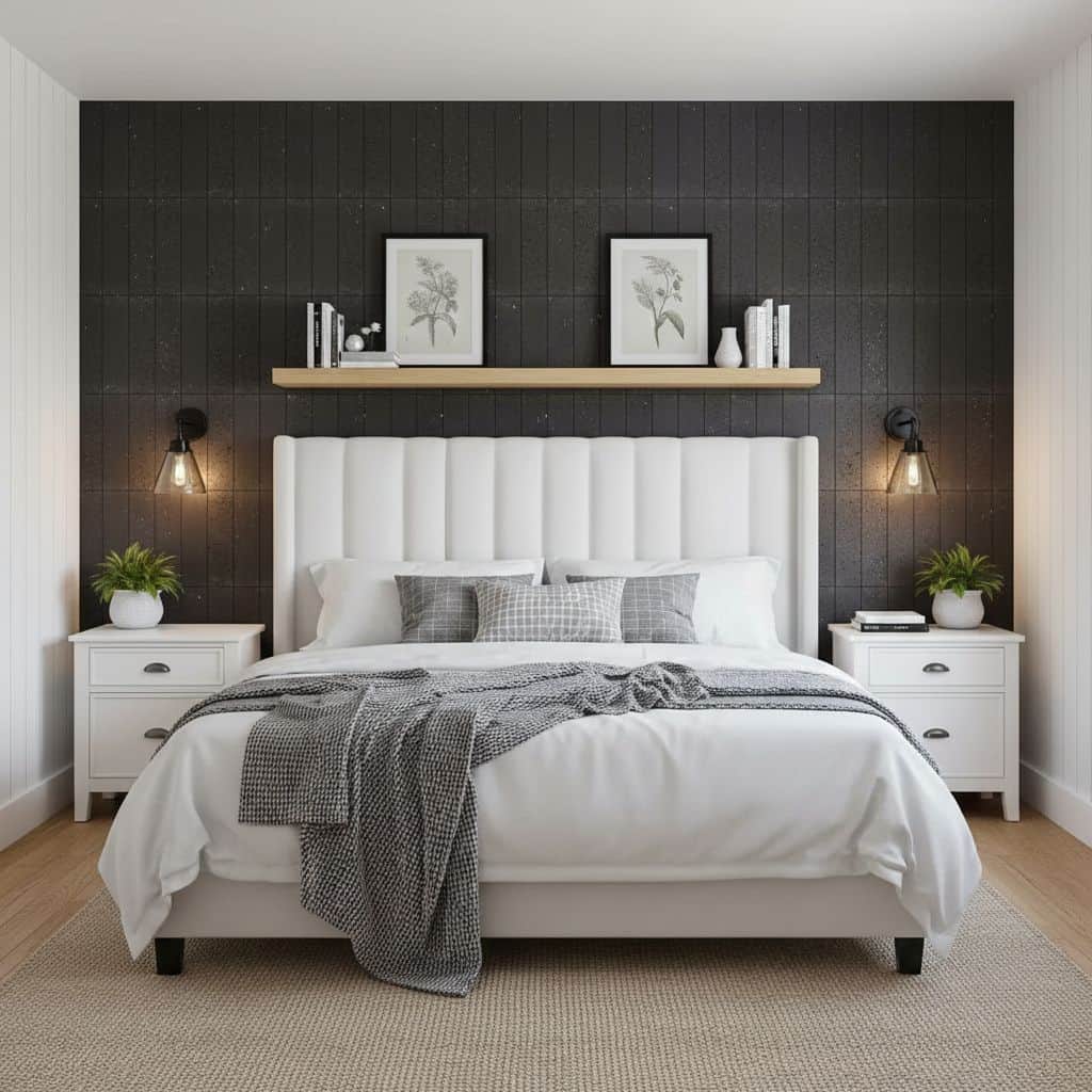 Black textured wall tile with a matte finish, creating a sleek and contemporary look in the bedroom.