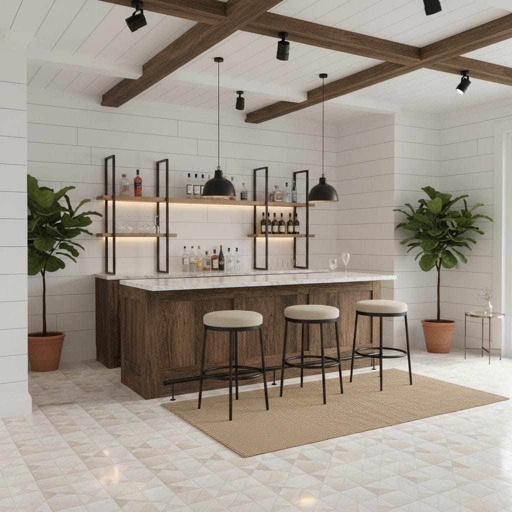 White textured tile flooring with a sleek bar area, wooden accents, and potted plants for a contemporary home interior.