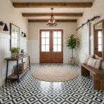 Bright entryway featuring black and white geometric patterned tiles, wooden accents, and natural light.