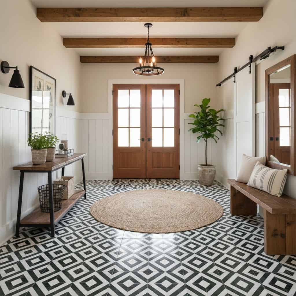 Bright entryway featuring black and white geometric patterned tiles, wooden accents, and natural light.