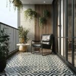 Modern black and white geometric patterned tile on balcony floor.