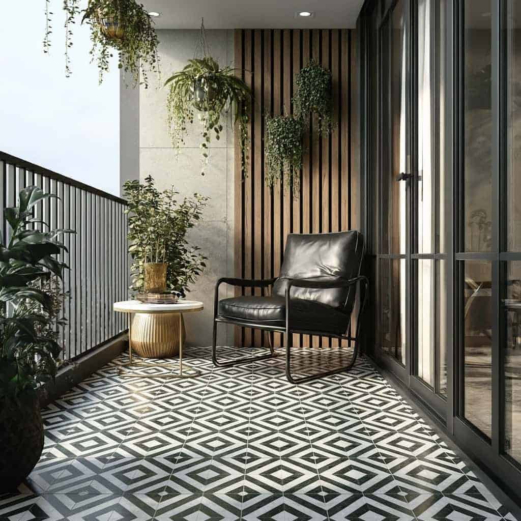 Modern black and white geometric patterned tile on balcony floor.