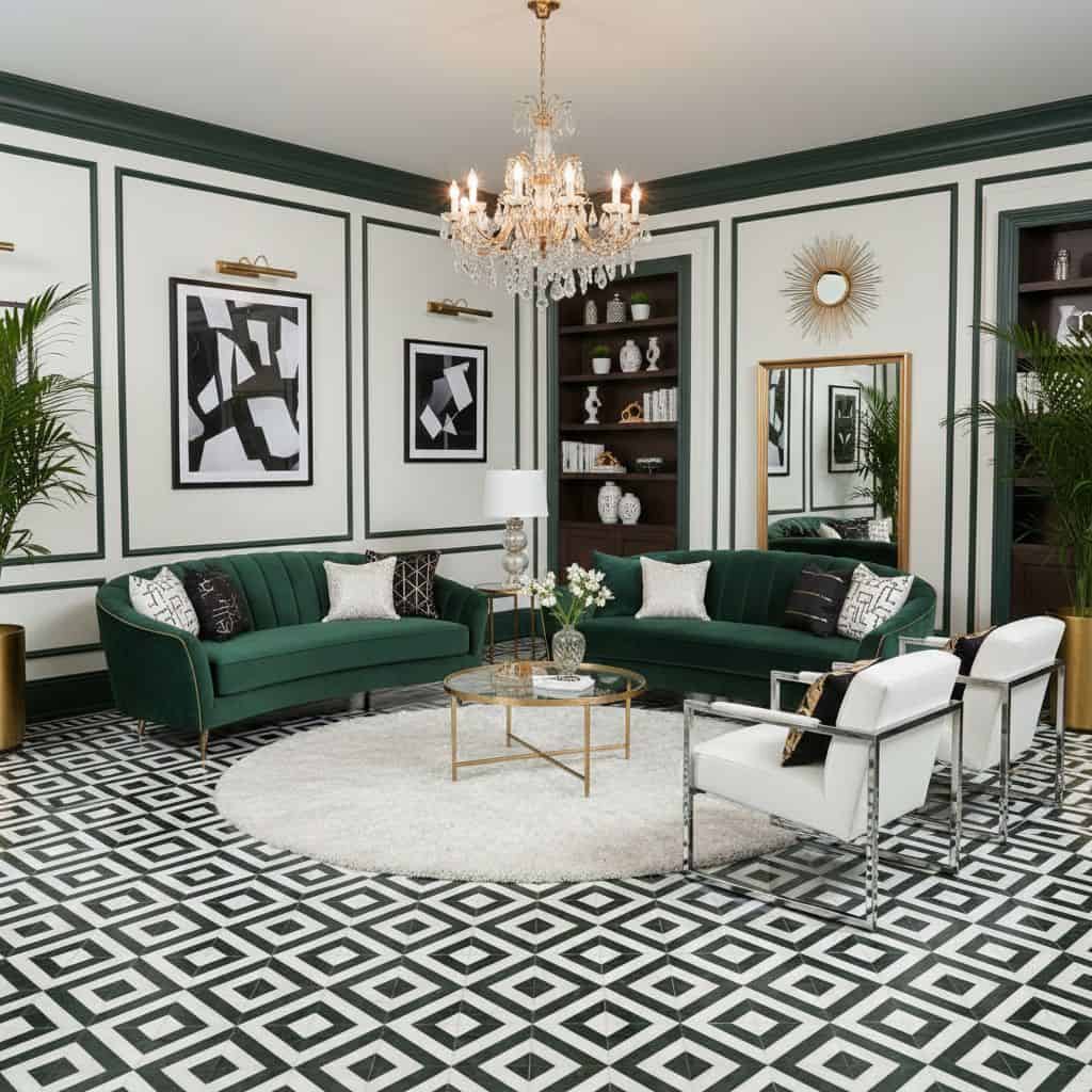 Luxurious living room with emerald green velvet sofas, black and white geometric patterned tile floor, and sophisticated deco.
