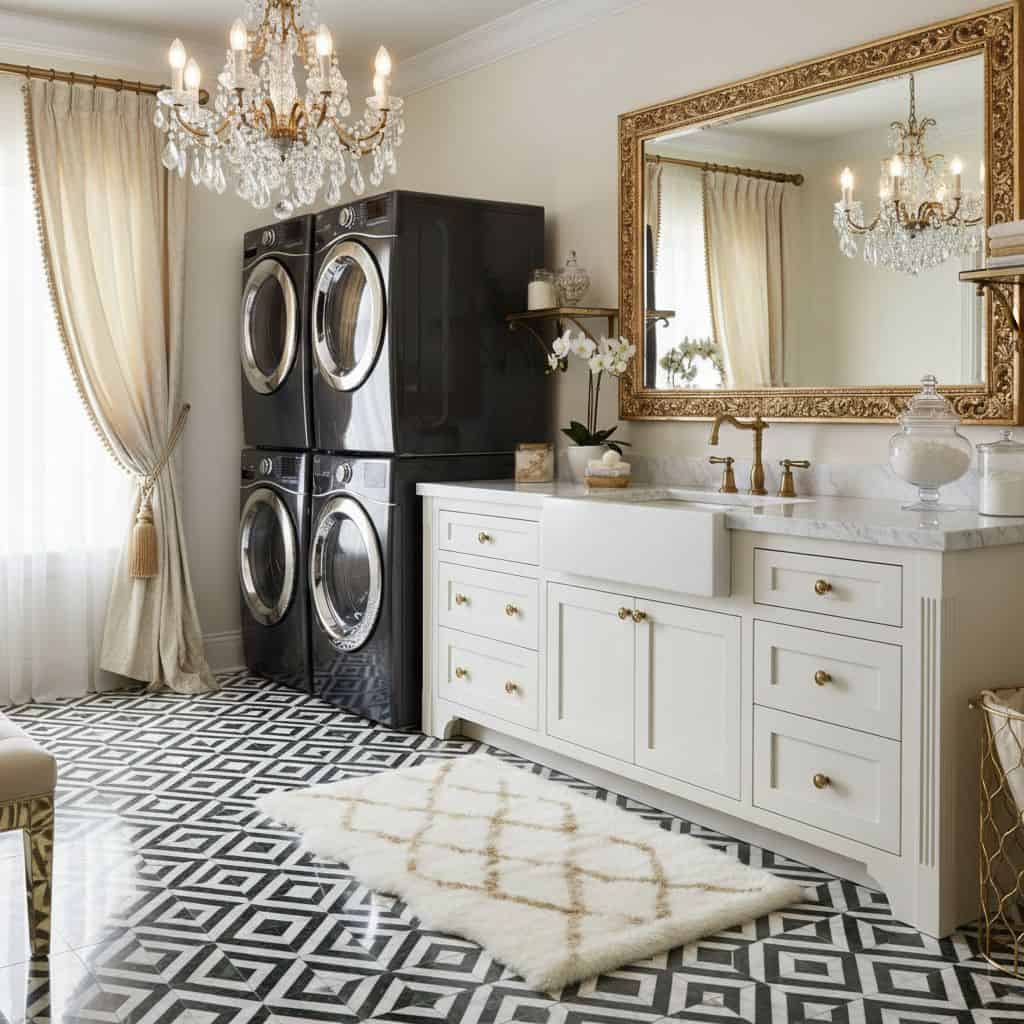 Laundry room with black appliances and white cabinetry, featuring black and white patterned tiles and a plush beige rug.