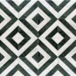 Black and white geometric patterned ceramic tiles with a smooth matte finish.
