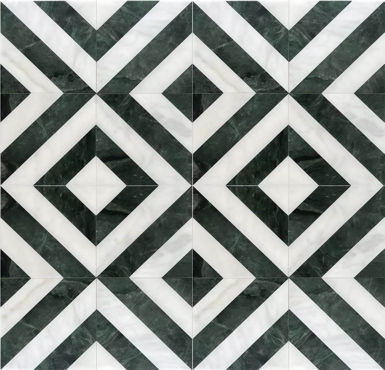 Black and white geometric patterned ceramic tiles with a smooth matte finish.