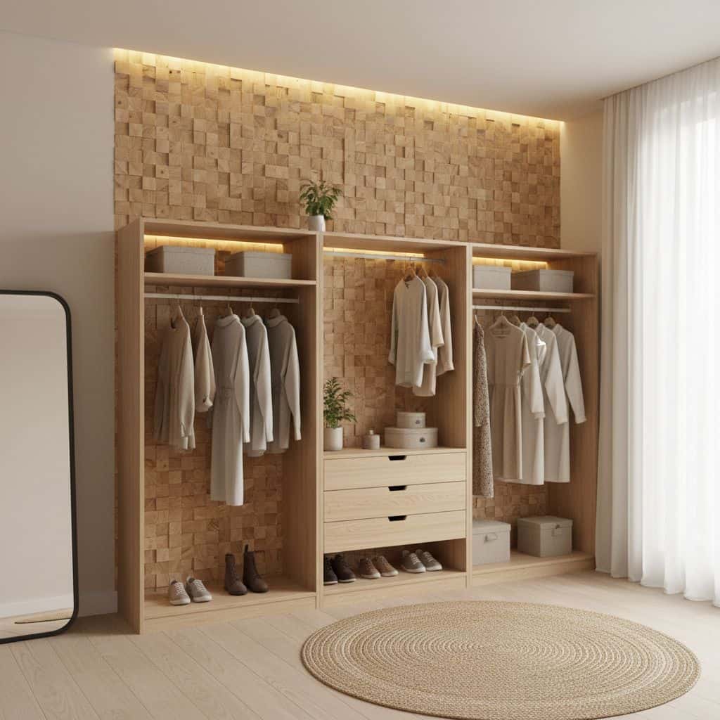 Closet with beige wooden tiles, textured brick pattern, and soft lighting.