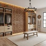 Wooden shelving units with baskets and clothing, beige bench, and natural light.