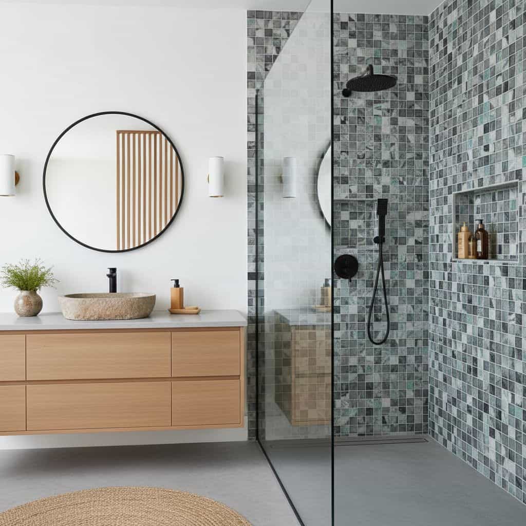 Glass tile backsplash in a contemporary bathroom shower with mosaic pattern and sleek black fixtures.