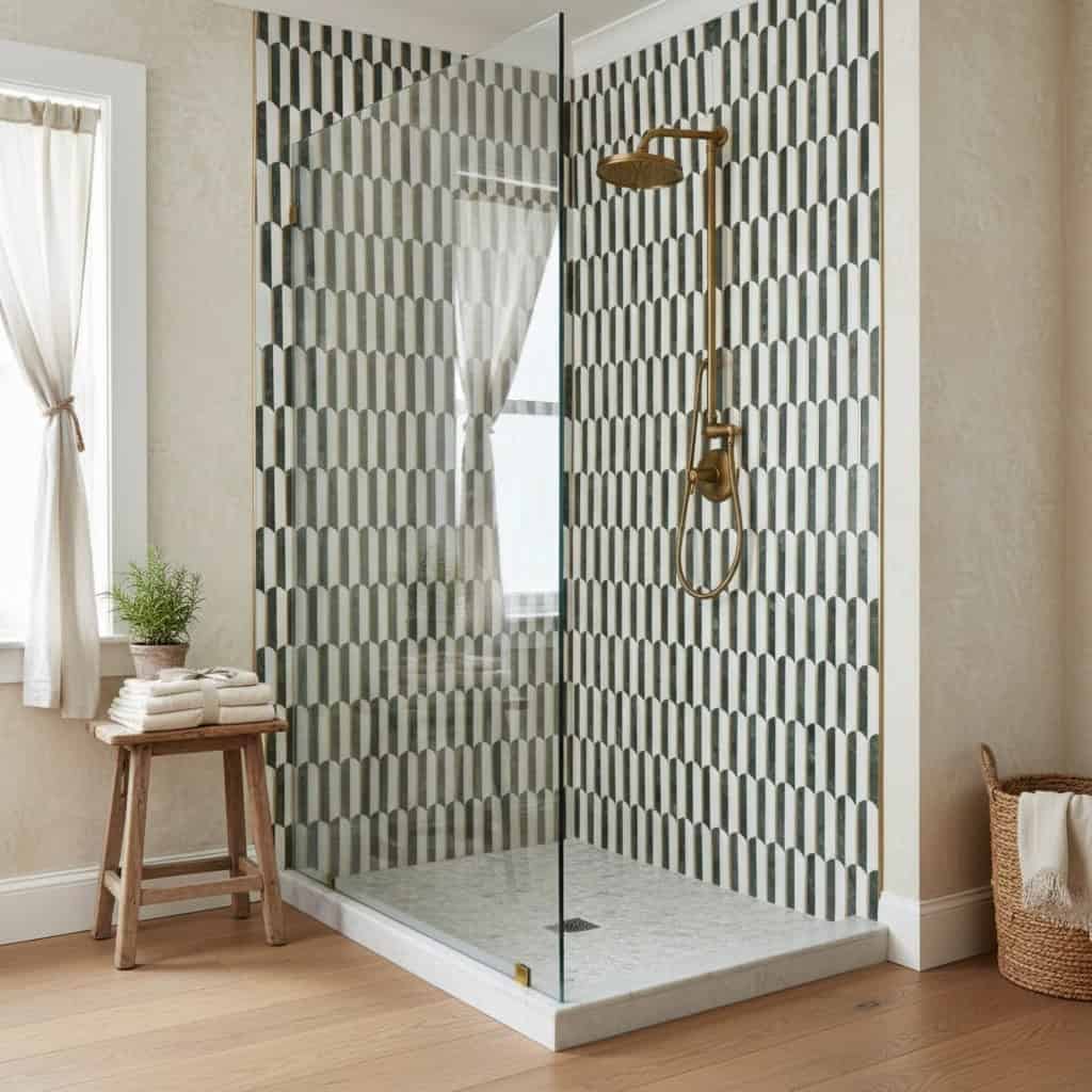 Geometric patterned tiles in shades of gray and white, textured surface, modern design.