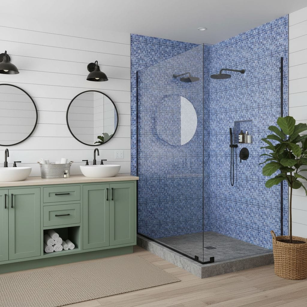 A modern bathroom featuring a glass tile backsplash in the shower area, complemented by a green vanity and round mirrors for.