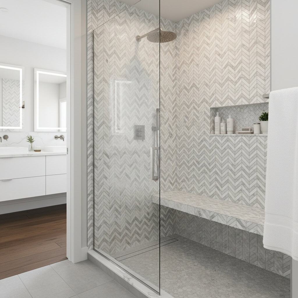 Light gray herringbone tile with textured surface in shower area.