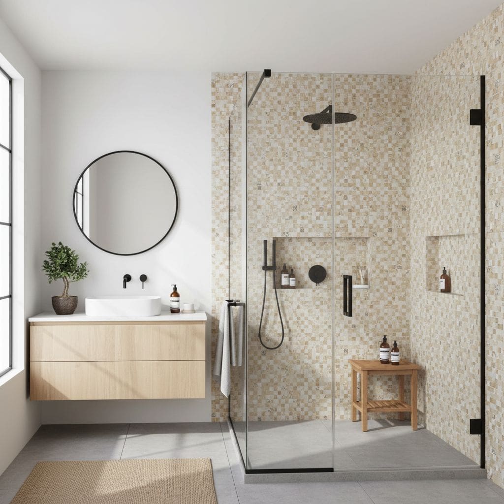 Glass tile backsplash in modern bathroom shower.