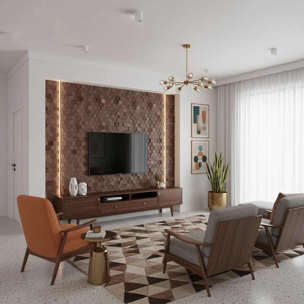 A stylish living room featuring a brown hexagonal tile accent wall with textured surface and warm lighting.