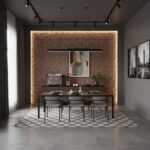 Elegant brown hexagonal tile wall with textured surface behind dining table and artwork.