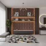 Stylish black, white, and gold geometric tile with matte finish and sharp lines.