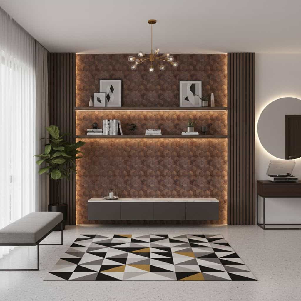 Stylish black, white, and gold geometric tile with matte finish and sharp lines.