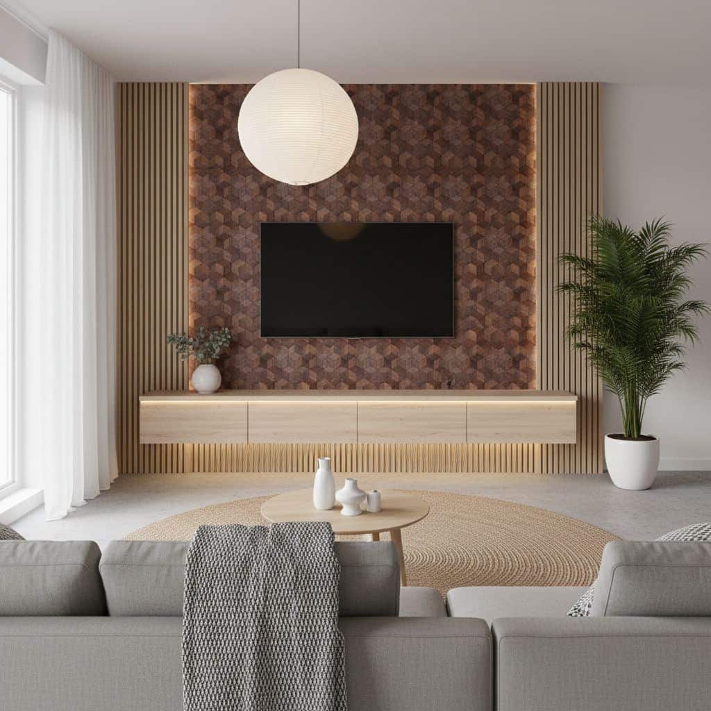 Brown textured tile wall with a geometric pattern, creating a warm and modern focal point in a contemporary living room.