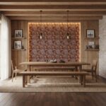 Wooden hexagon tiles in warm brown tones, textured surface, used as accent wall behind dining table.
