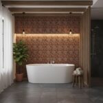 A modern bathroom featuring a freestanding bathtub, textured reddish-brown tile wall, and natural wood accents. Bright and in.