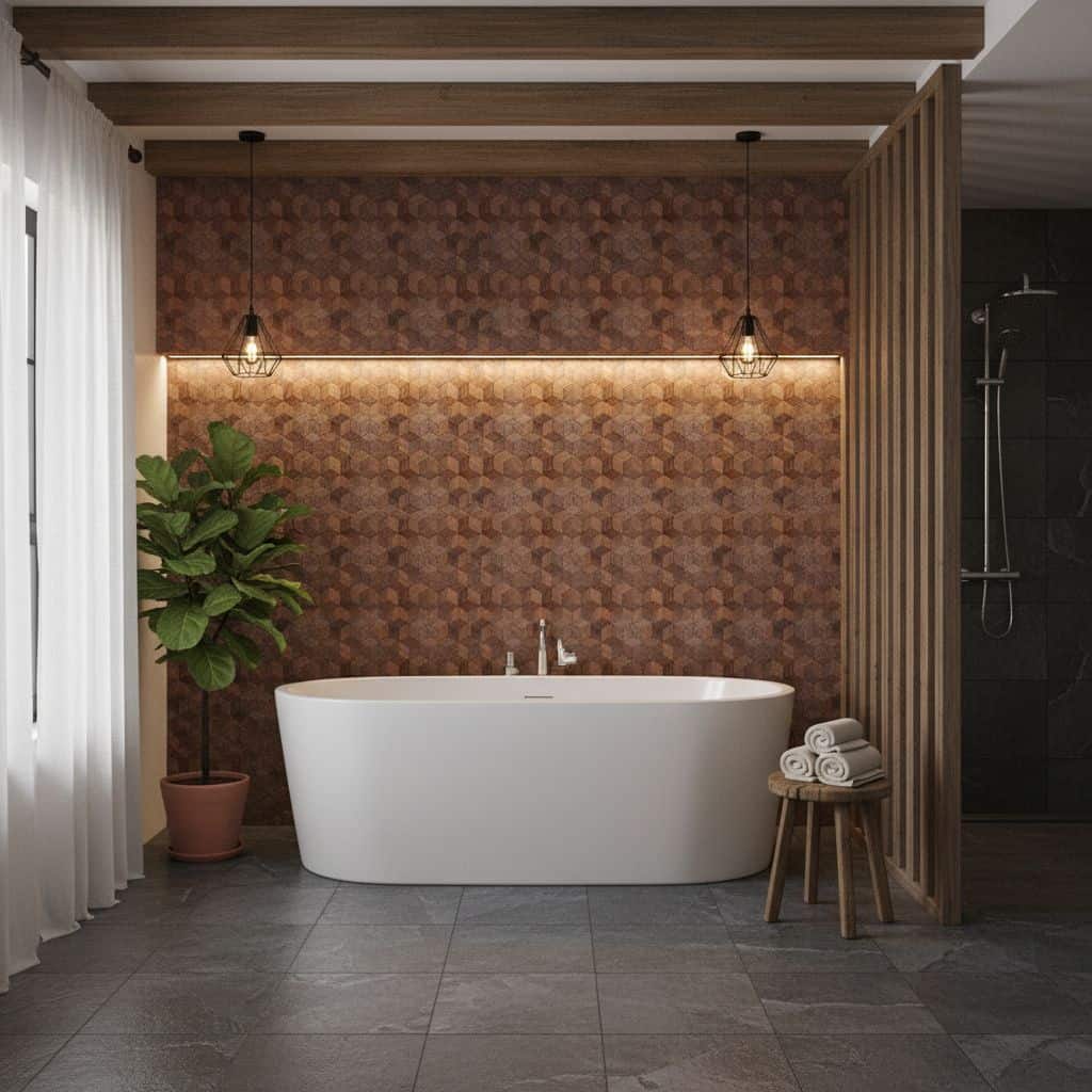 A modern bathroom featuring a freestanding bathtub, textured reddish-brown tile wall, and natural wood accents. Bright and in.