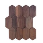 Hexagon-shaped walnut wood tiles with rich brown tones and smooth texture.