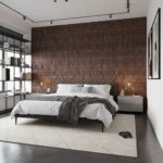 Wooden shingle wall tile in warm brown tones, textured surface, adds rustic charm to bedroom interior.