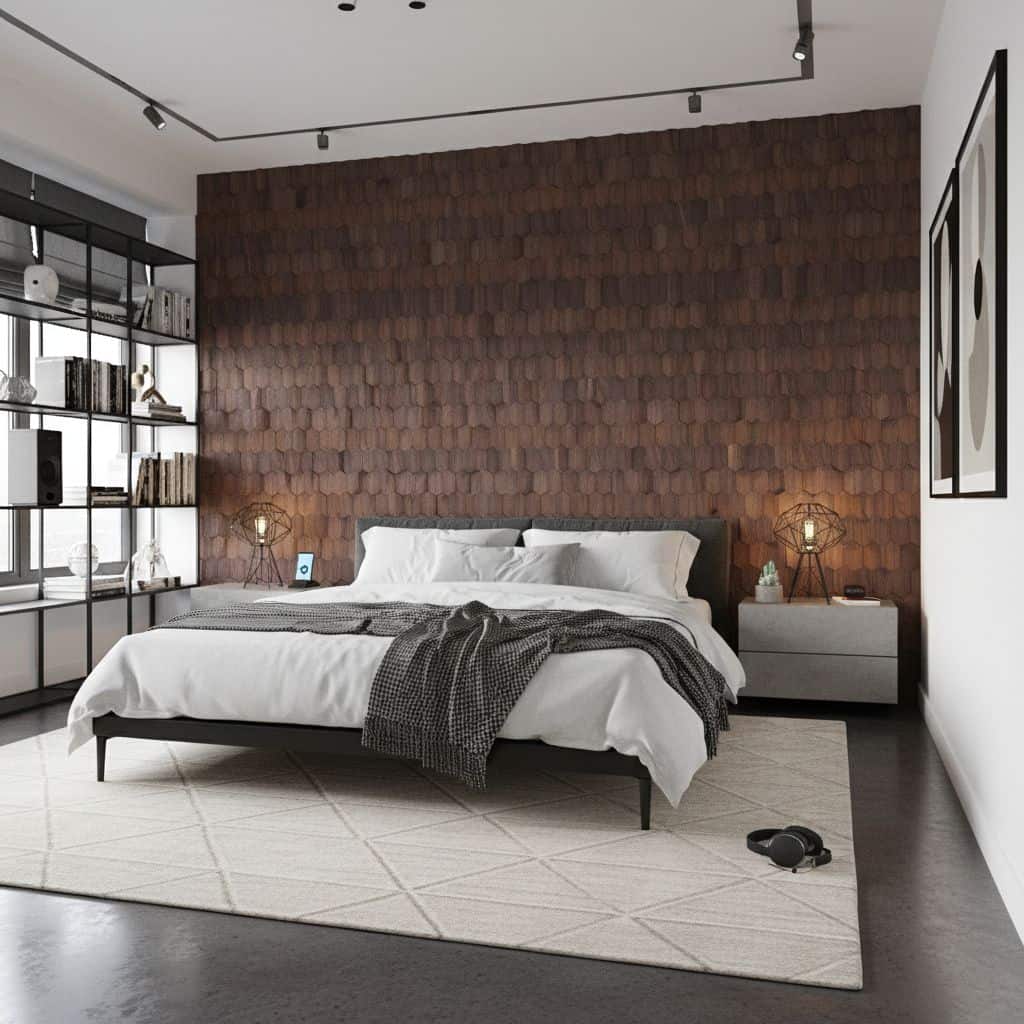 Wooden shingle wall tile in warm brown tones, textured surface, adds rustic charm to bedroom interior.