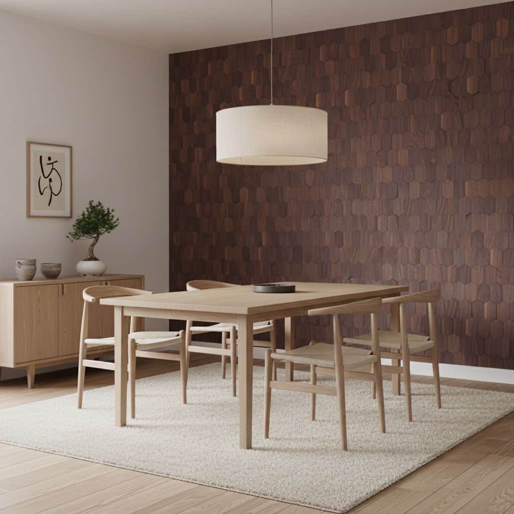 Wooden textured tile wall, neutral tones, modern design.