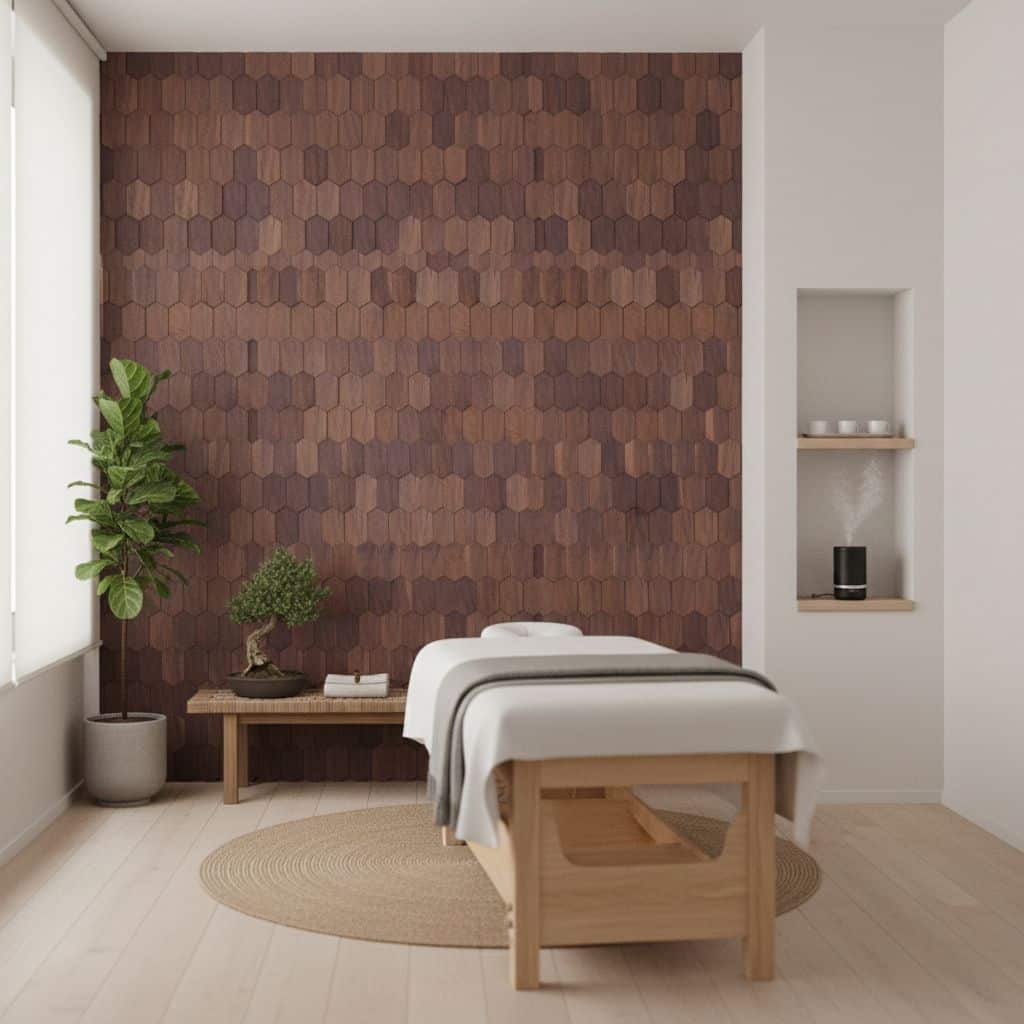 Wooden wall tiles in warm brown tones create a calming spa atmosphere. The room features a massage table, potted plants, and.