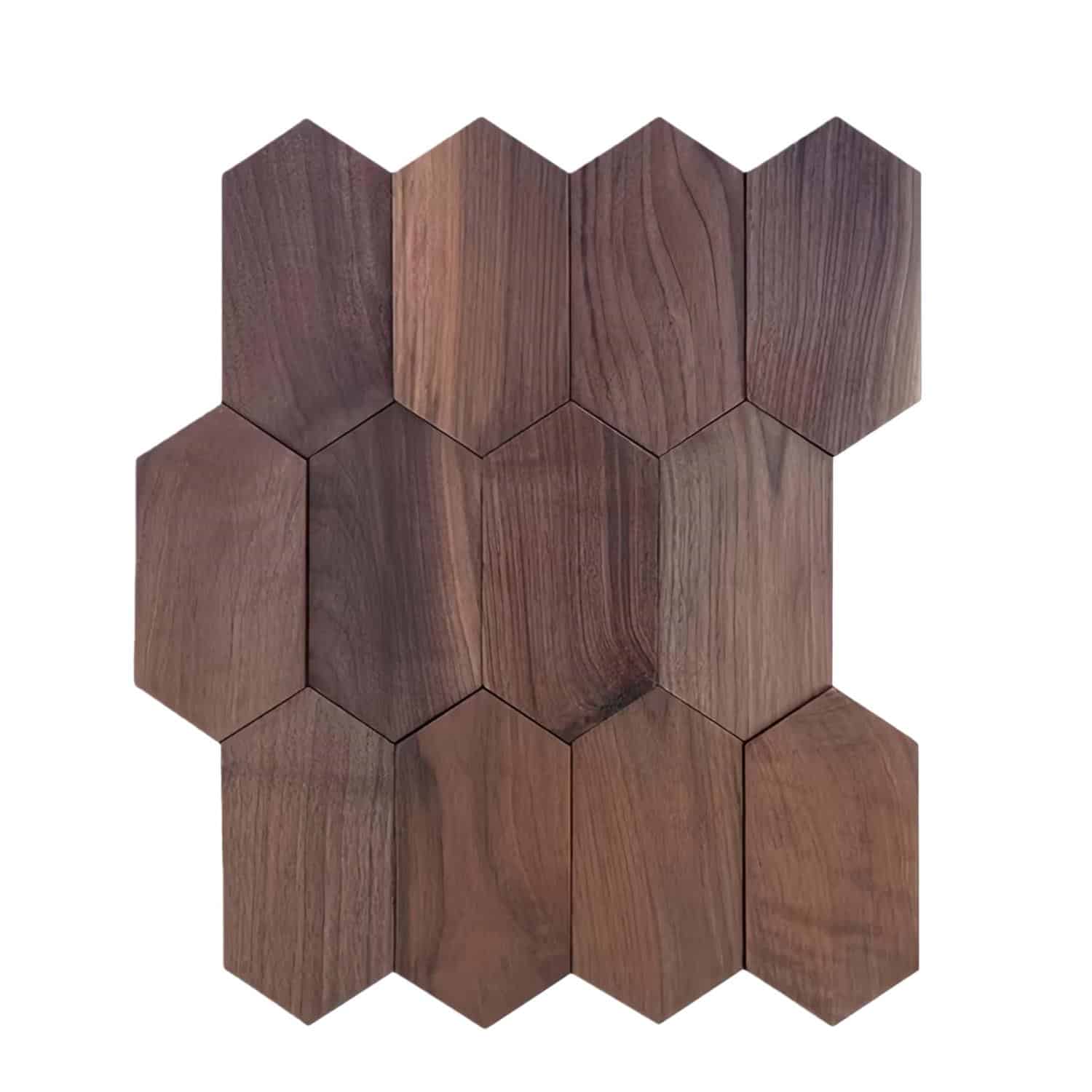 Hexagon-shaped walnut wood tiles with rich brown tones and smooth texture.