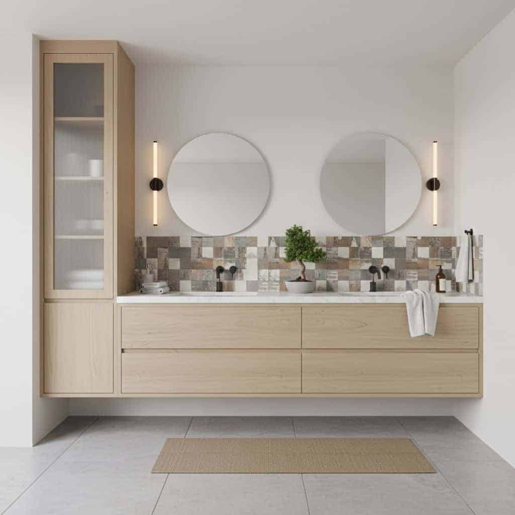 Modern bathroom with peel and stick wall tiles, double mirrors, and minimalist decor.