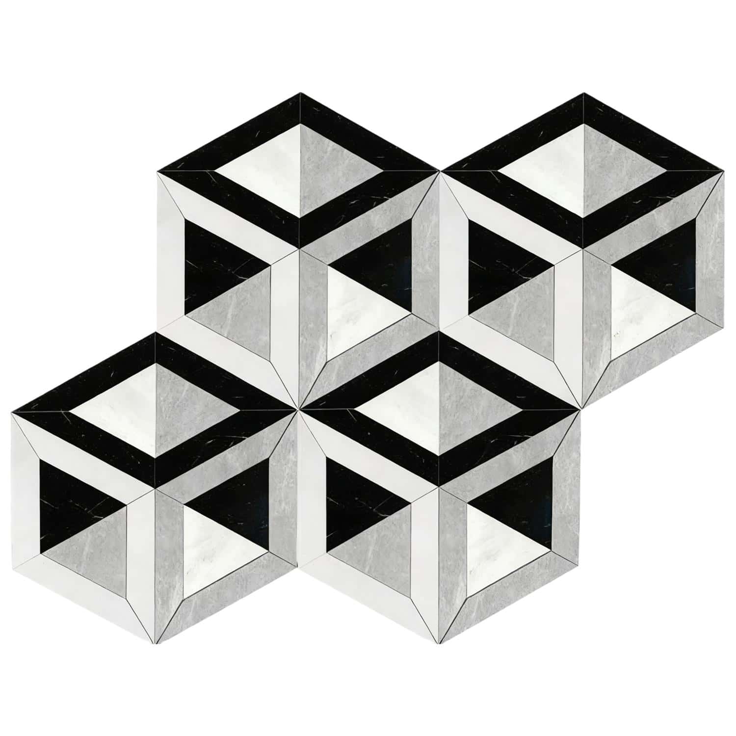 Modern geometric tile with black, white, and gray shades, featuring a textured surface and 3D cube illusion design.