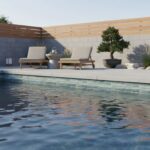 Poolside with glass mosaic tile backsplash and modern outdoor furniture.