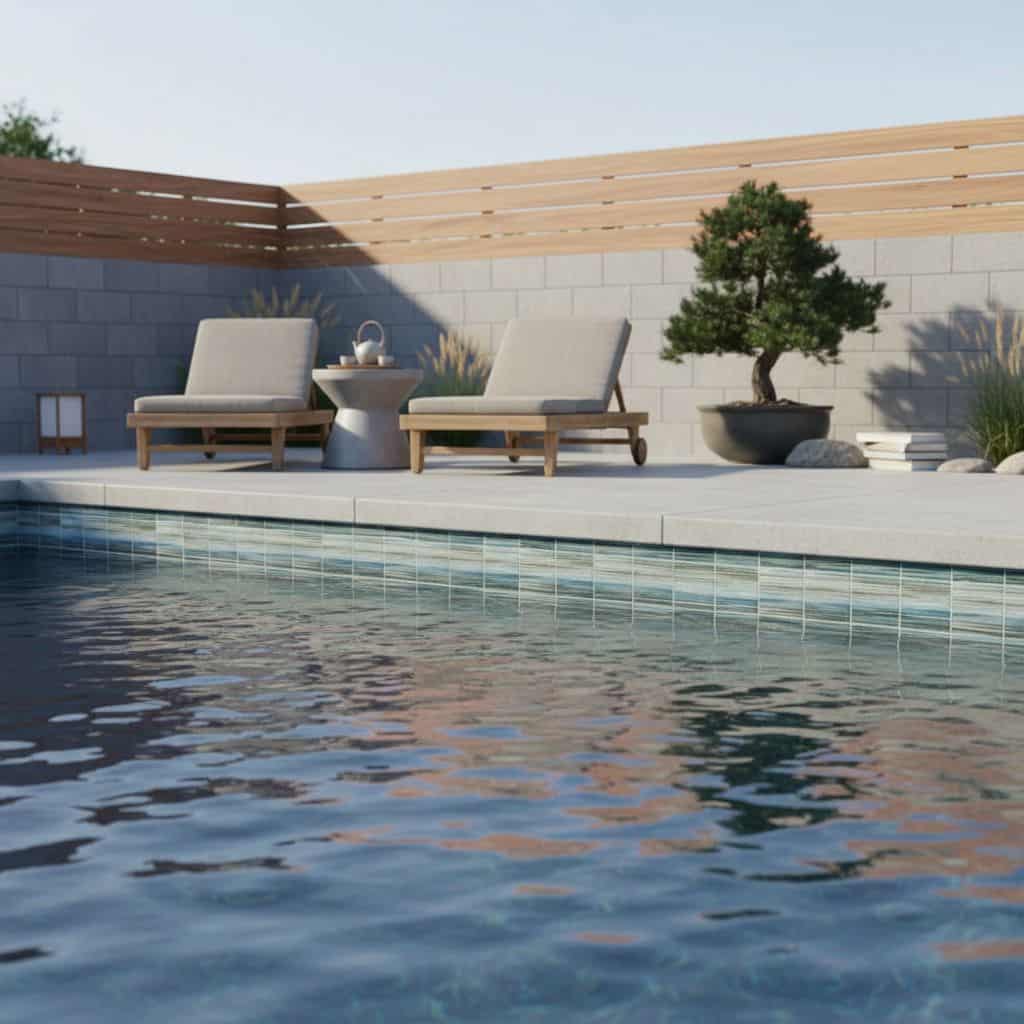 Poolside with glass mosaic tile backsplash and modern outdoor furniture.